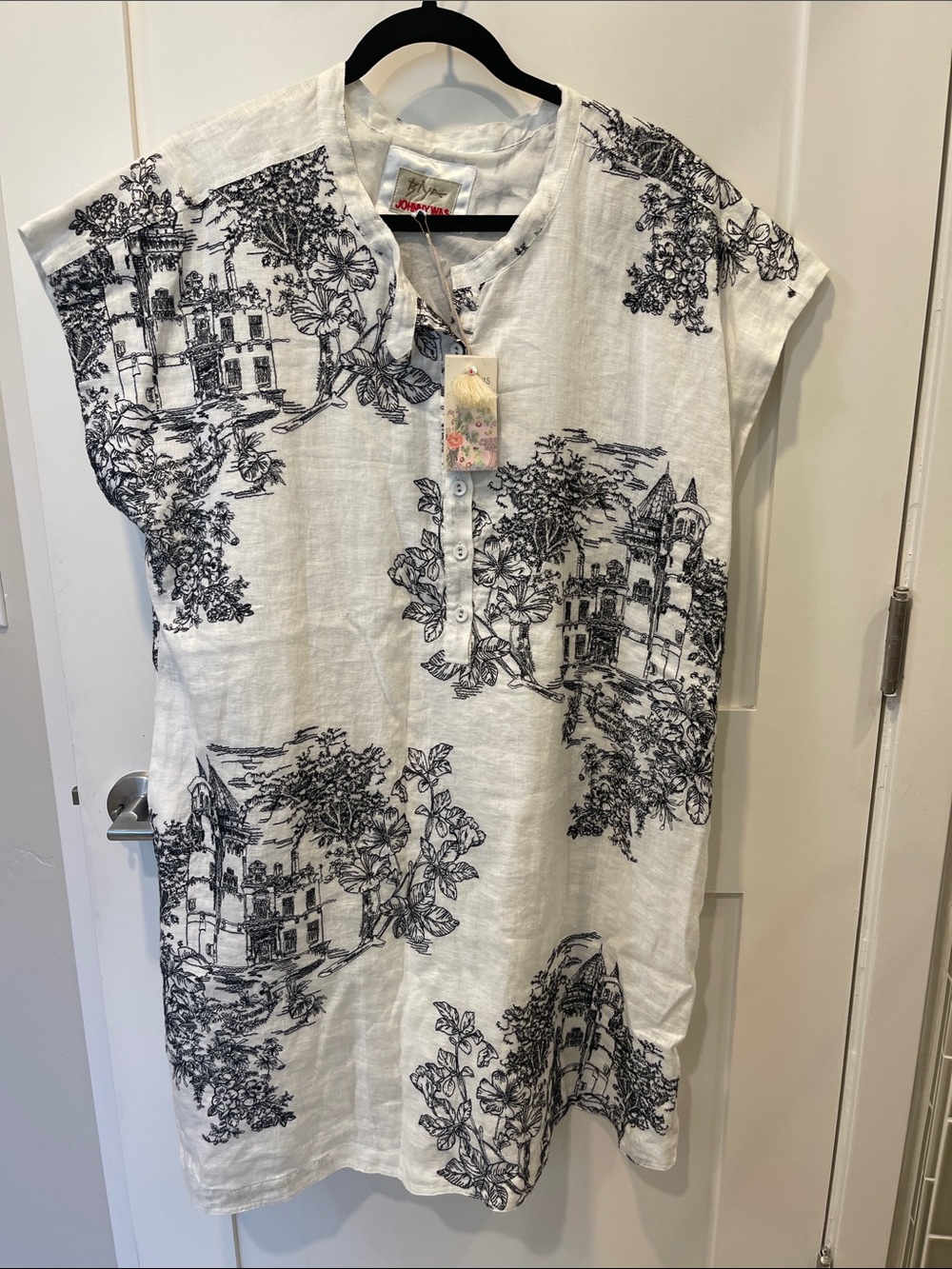 Johnny Was White & Black Toile Print Linen Tunic - Women Tops sz XL